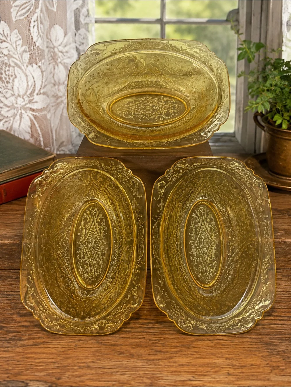 Vintage Amber Yellow Pressed Glass Serving Dishes Set of 3 Ornate Scroll Pattern